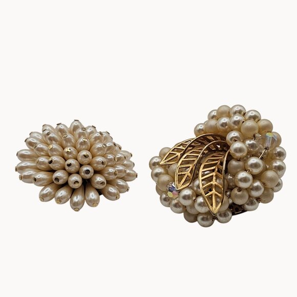 Vtg 2pc Brooch Pin Set Lot Faux Pearl Elegant Glam Quiet Luxury Regency Cluster - Picture 2 of 12